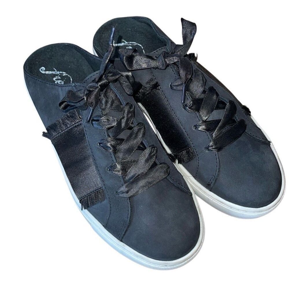 Free People Womens Leather Satin Ribbon Slip-On Sneakers Shoes Black Size 38